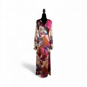 Lulus Floral Wrap Maxi Dress – Multicolor Silk Satin Feel (Size S)